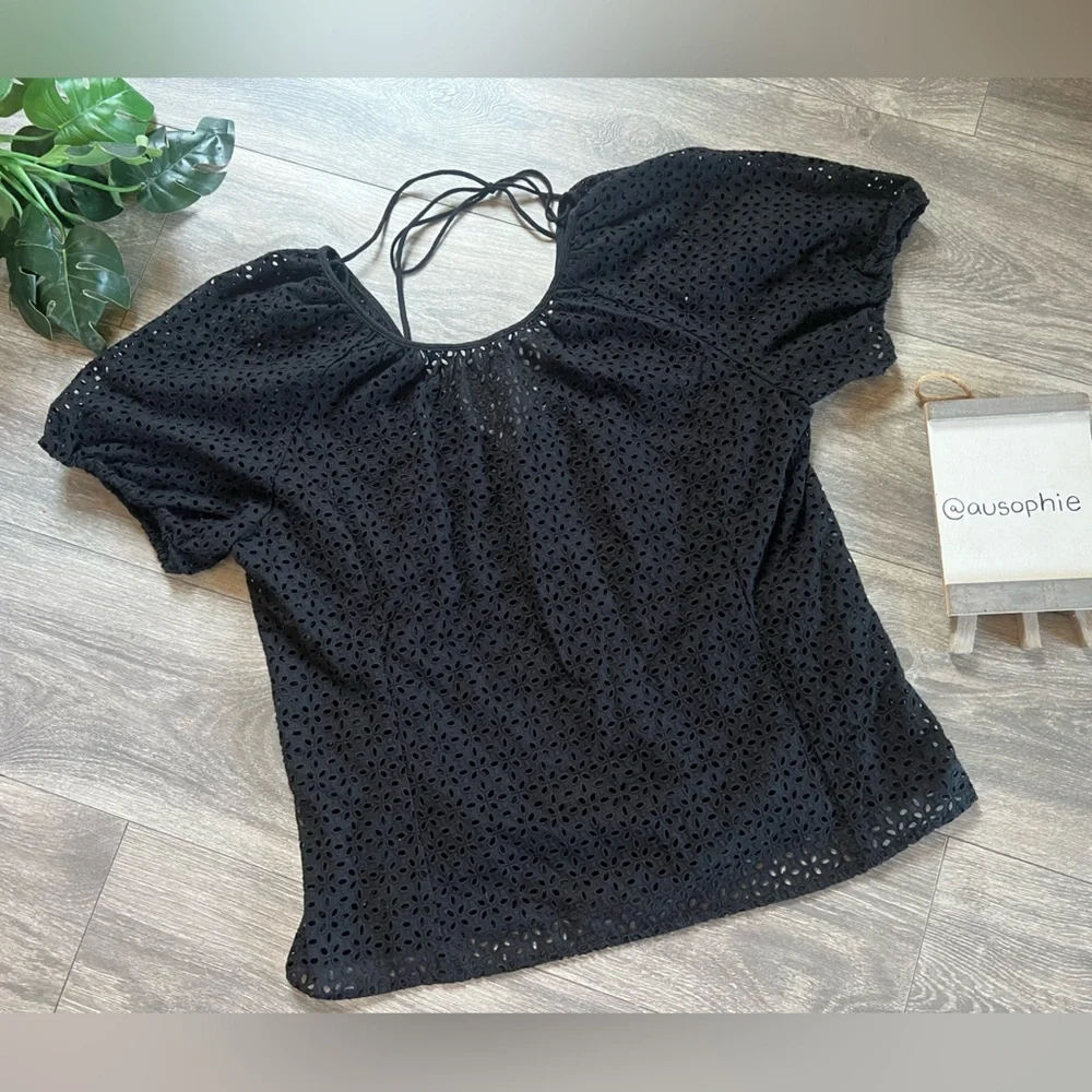 J. Crew V-Back Puff Sleeve Black Eyelet Top w Built In Tank. Size 12